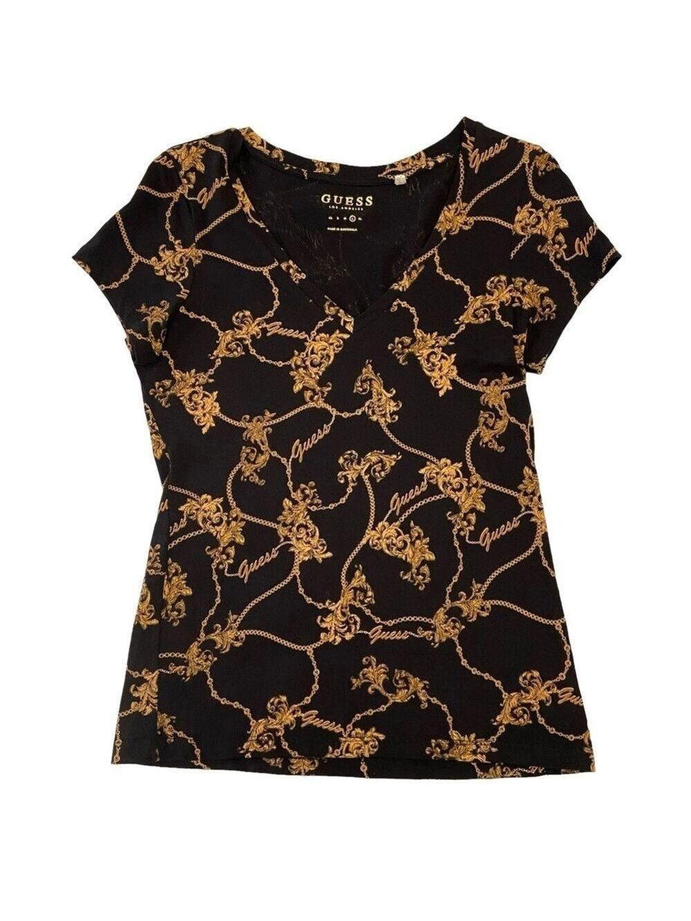 Guess tee V neckline gold black short sleeves soft jersey t-shirt Large